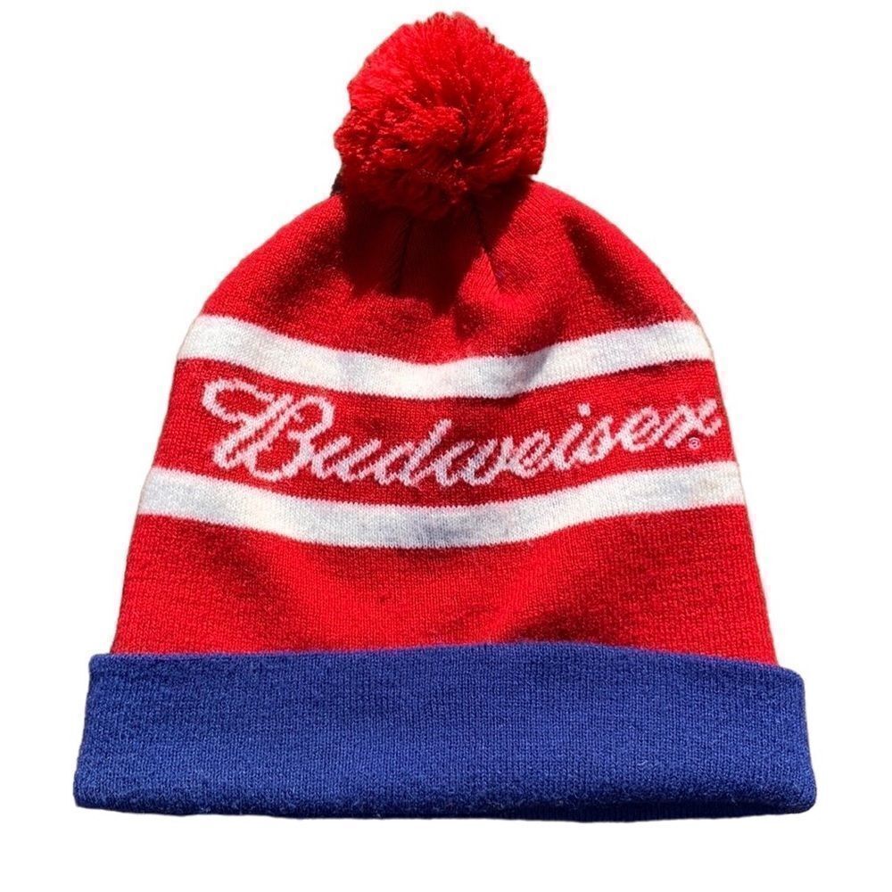 VINTAGE BUDWEISER Beer Beanie Winter Hat Pom Pom USA red, white, and blue‎